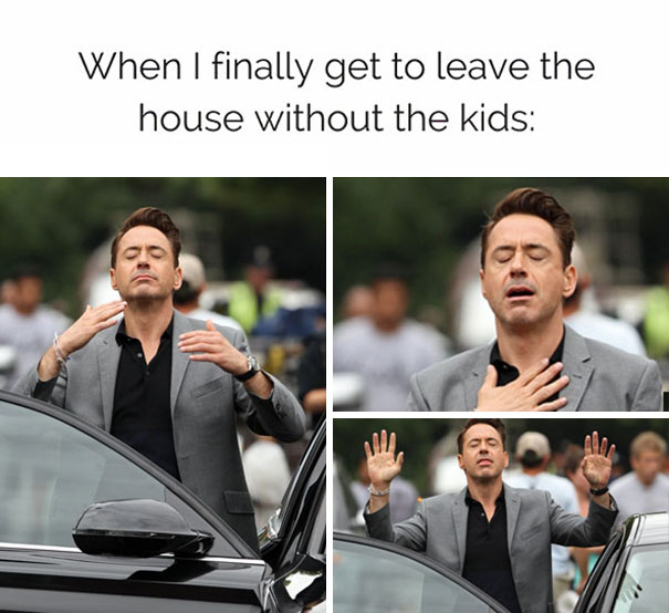 Parenting meme showing person in relief after leaving house, hands raised, wearing a grey jacket.