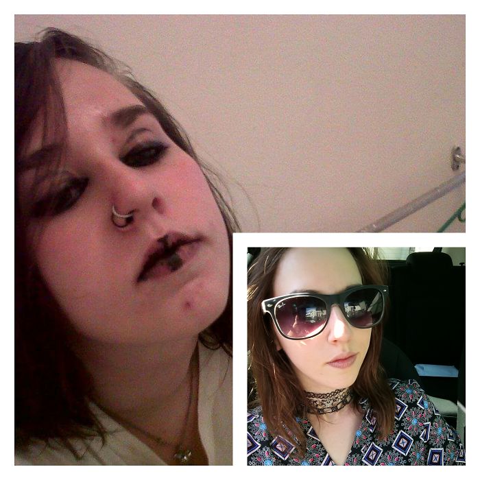 My Before And After. Dyed Black Hair, Nose Piercings And A Regrettable Choice Of Lipstick. I Didn't Identify As Goth Or Emo, I Just Liked The Colour Black. I Still Like Black, But Now I Stick To My Natural Bore Colourful Form :)