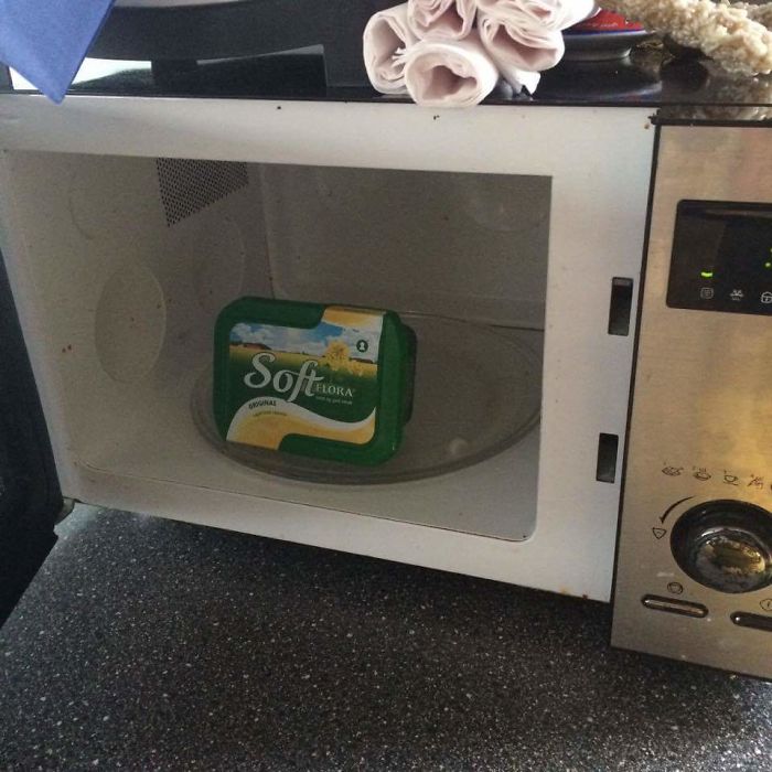 Butter in a microwave, demonstrating dads' jokes taken to another level.