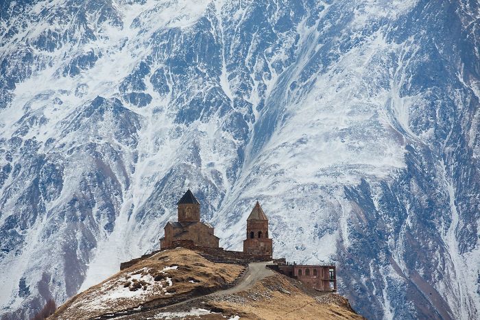 Church In Georgia With A Mountain Behind It