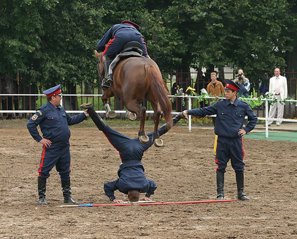 Horse jumping over a man doing a headstand, showcasing daring stunts by men.