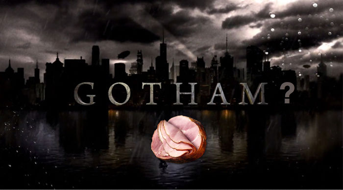 Gotham skyline with a comical ham overlay, creating a playful visual pun.