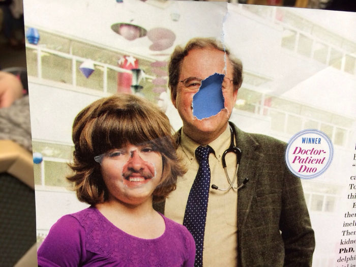 A torn magazine image of a doctor and a child with humorous face swaps, highlighting hilarious wives.