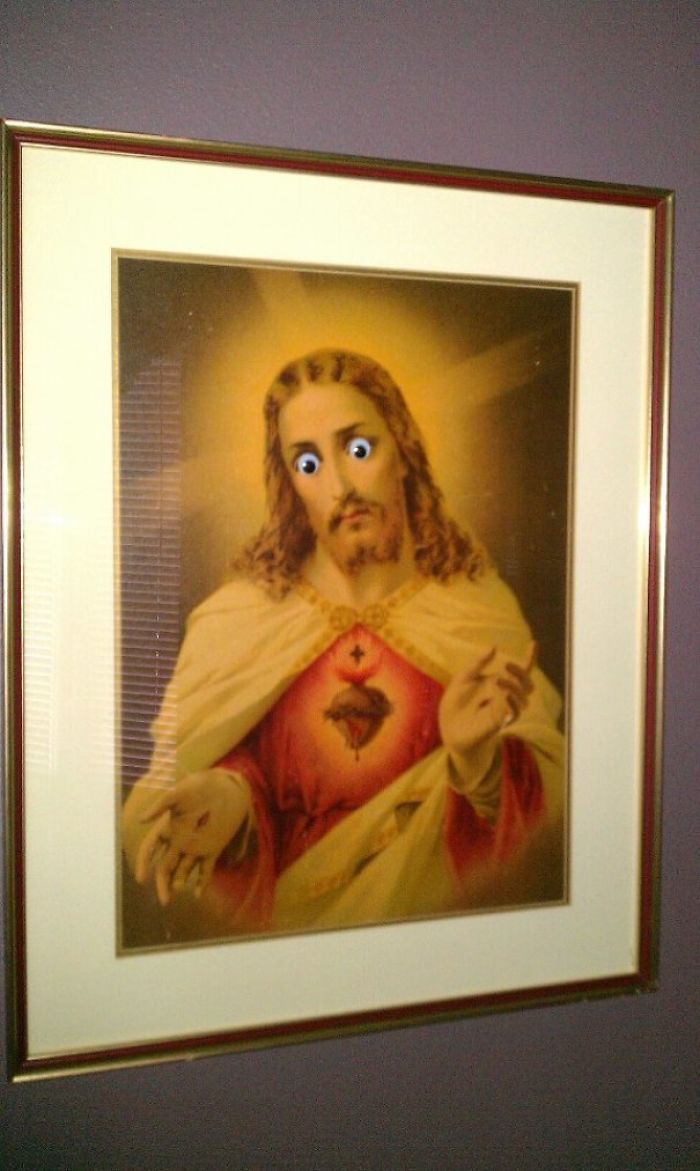 Apparently Putting Googly Eyes On The Portrait Of Jesus My Parents Have Is "Not Funny" And "Blasphemous."