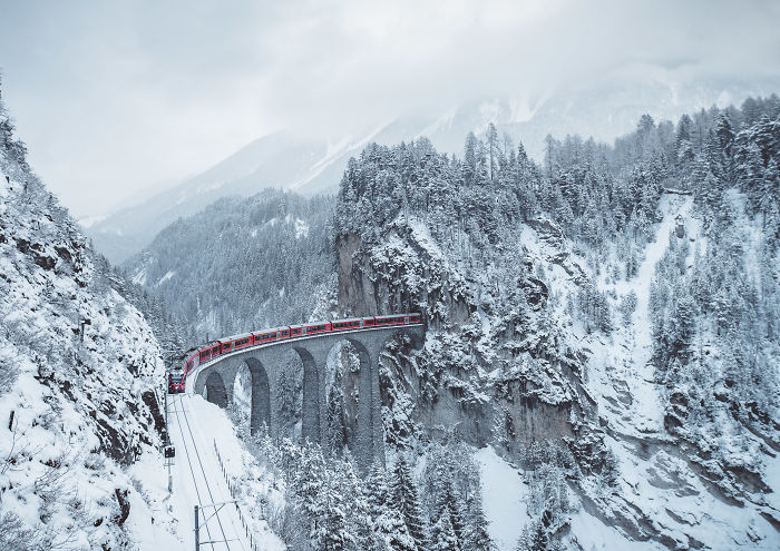 I Woke Up At 5am To Capture A Train Crossing The Landwasser Viaduc, Switzerland