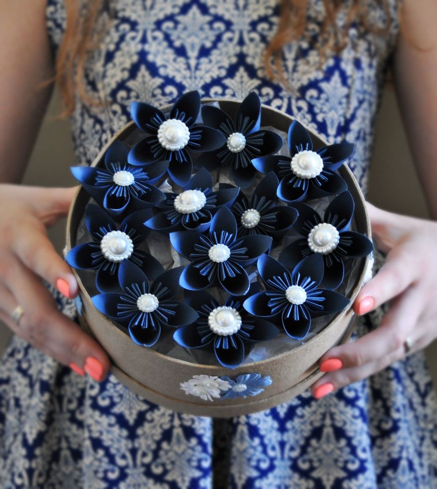 This Is A Round Box Full Of Paper Flowers. This Was A Present For My Friend's Wedding
