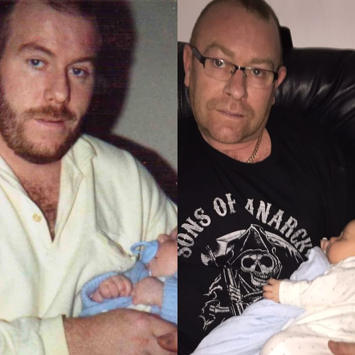 Father And Son, Both Holding Their Baby Boy.