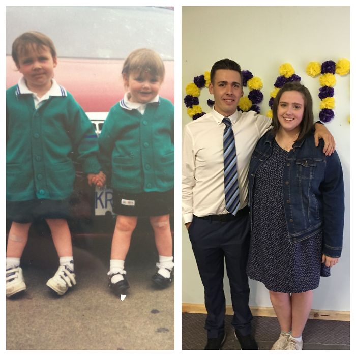My Brother And I. Ages 4 And 2 On My First Day Of School Around 1999. Aged 21 And 19 At Our Grandparents Vow Renewal In 2016.