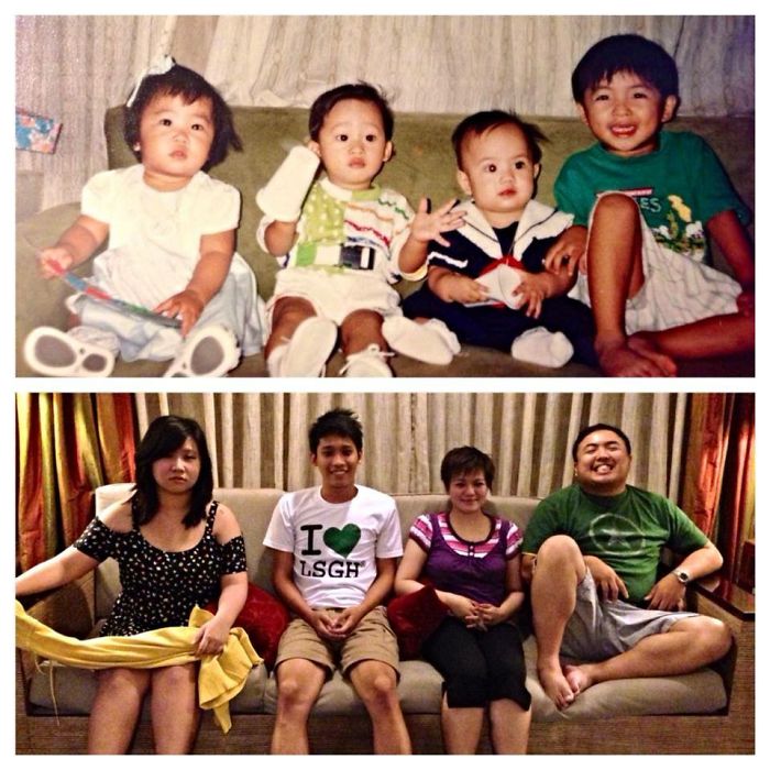 Cousins:first Photo 3 Babies At 1 Year Old And A 5 Year Old Second Photo 22 Years Later