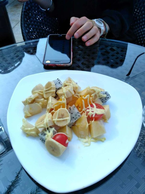My Friend Ordered A Fruit Salad In China And Got One With Tomatoes And Mayonnaise.