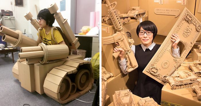 Japanese Cardboard Artist Turns Old Amazon Boxes Into Tanks, Food And Other Incredible Sculptures