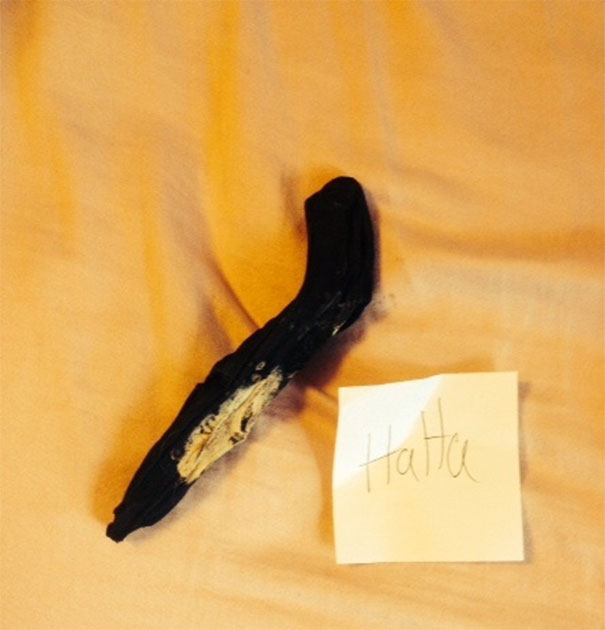 Went To Put On My Boots For The First Time Since Last Fall. I Pulled Out What Looked To Be An Ancient Moldy Banana And A This Note In My Mom's Handwriting. I Think I Missed This Joke By About A Year