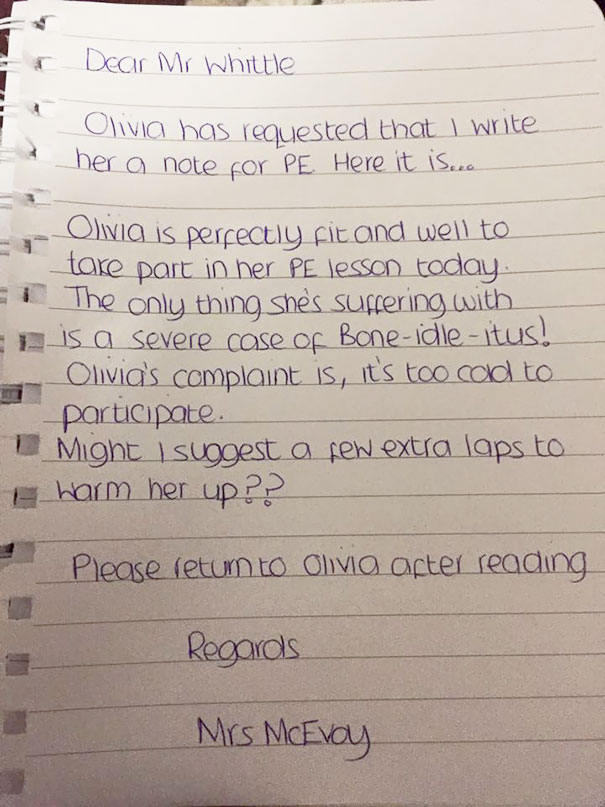 Kid Wants A Note To Get Out Of Physical Education Because It's "Too Cold", Mother Delivers