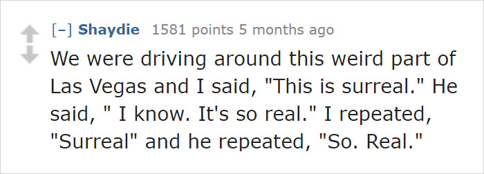 Comment exchange about a surreal drive in Las Vegas, showing dating an idiot moments.