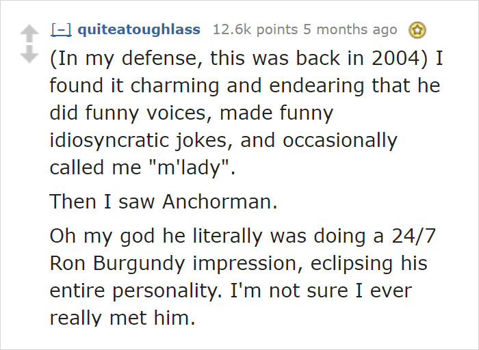 Text post about realizing a partner was imitating Ron Burgundy from Anchorman.