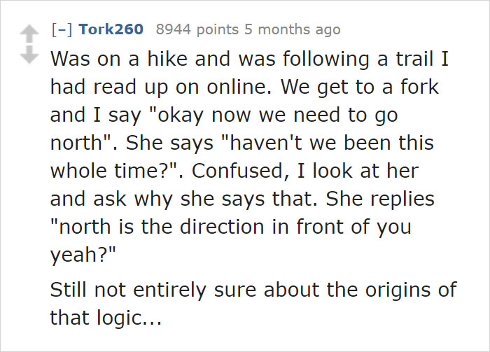 Text post sharing a story about a hike revealing a person's confusion about directions, highlighting dating an idiot.