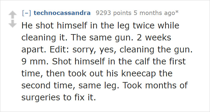 Comment highlighting someone realizing their partner made a repeated mistake with a gun.
