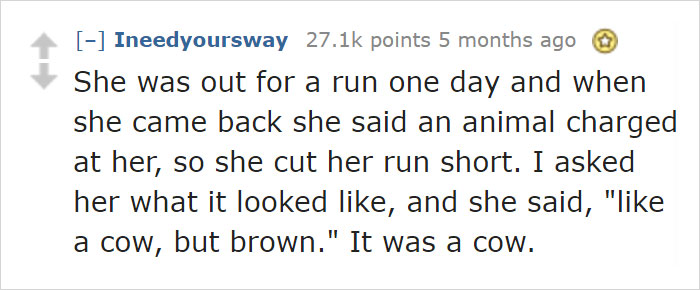 Reddit post about a woman mistaking a brown cow for another animal, illustrating dating an idiot.