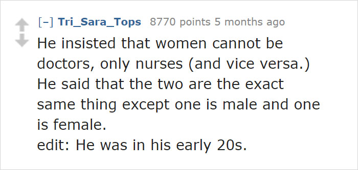 Text screenshot about realizing one's partner has outdated gender views on professions.