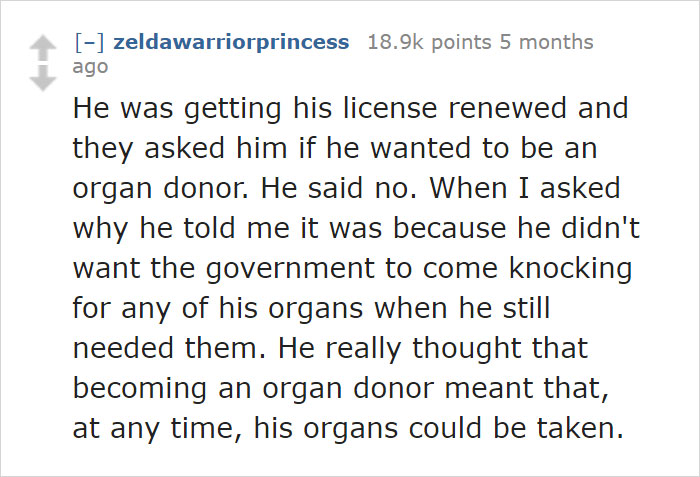 Text post discussing a humorous misunderstanding about organ donation and government involvement.