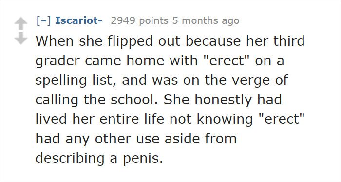 Reddit comment discussing someone realizing their partner misunderstood the word "erect" on a spelling list.