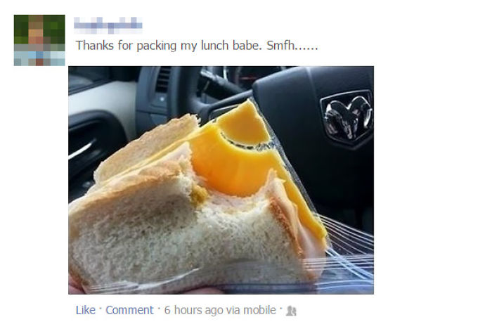 Person discovering a sandwich with packaging, hinting they're dating an idiot.