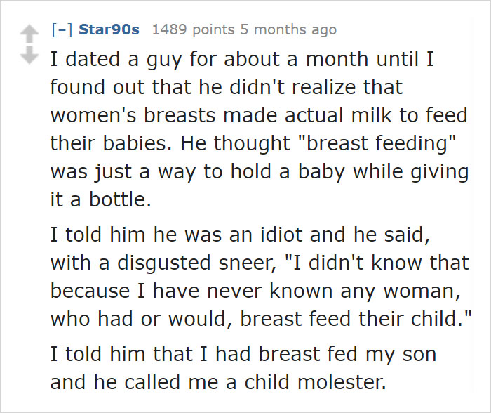 Text post about dating realization, featuring a misunderstanding about breastfeeding and a bizarre conclusion.