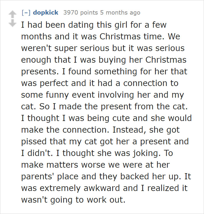 A story of someone realizing their partner lacked understanding after a Christmas gift mix-up involving a cat.