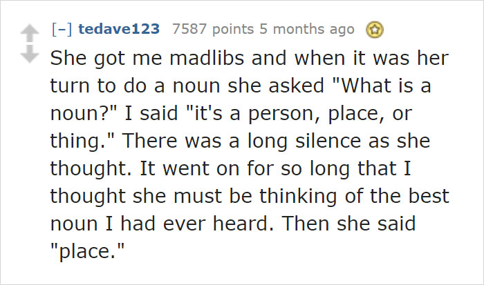 Text exchange where someone asks, "What is a noun?" showing realization while dating an idiot.