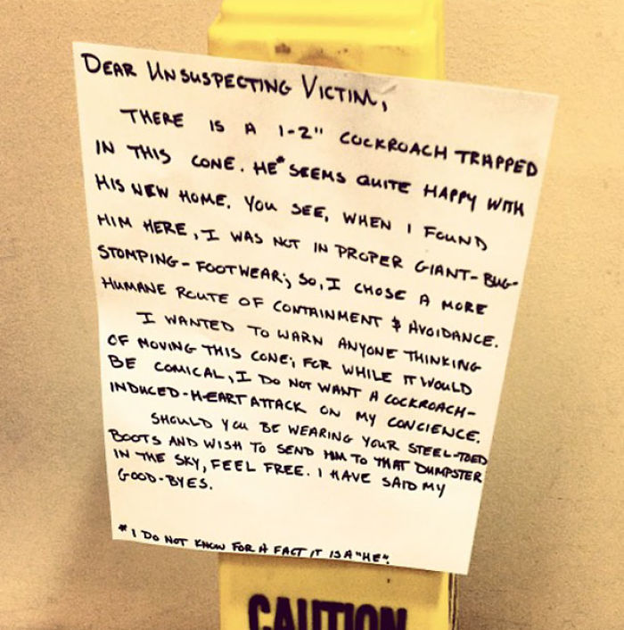 A hilarious note from a wife about a trapped cockroach under a caution cone.