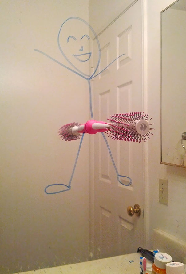 My Wife Bought A New Hairbrush With A Suction Cup At The End. I Found This On The Bathroom Mirror. I Love My Wife!