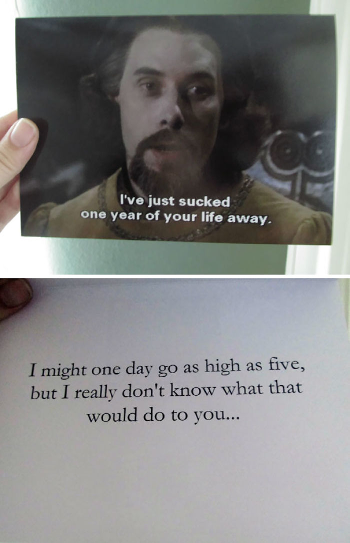 A humorous anniversary card from a wife featuring a movie quote and playful text.