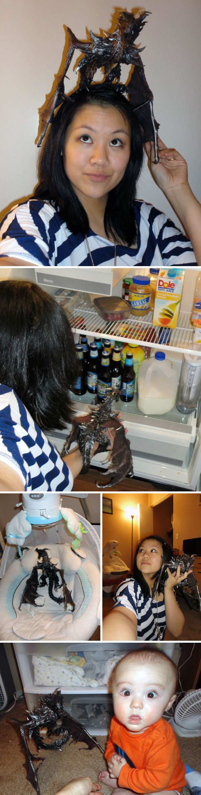 Woman humorously interacts with a dragon figurine, placing it on her head and inside a fridge.