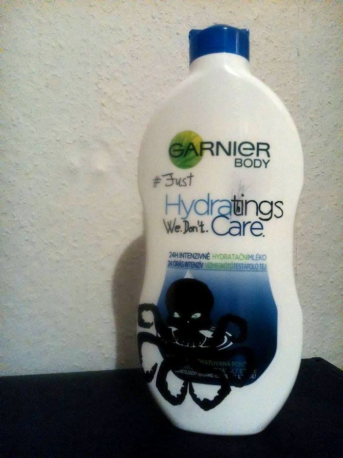 Humorous edited lotion bottle with altered text reading, "Hydratings. We Don’t Care," featuring a drawn octopus.