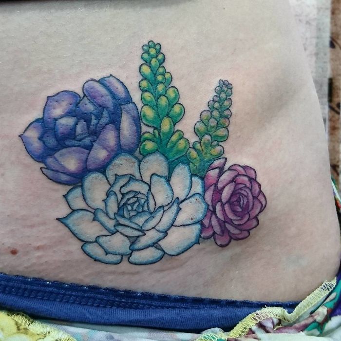 Colorful succulent tattoo design featuring various succulent plants on skin.