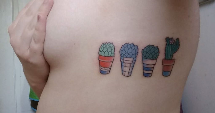 Succulent tattoo on side featuring four potted plants with colorful details.