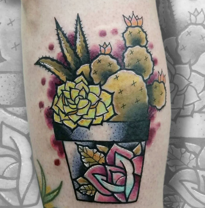 Colorful succulent tattoo design featuring various cactus plants in a pot on the skin.
