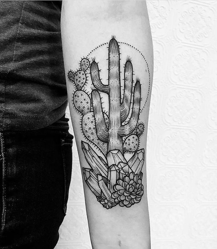 Succulent tattoo design on forearm featuring cacti and crystals in black ink.