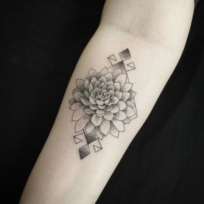Succulent tattoo on forearm with geometric patterns in black ink.