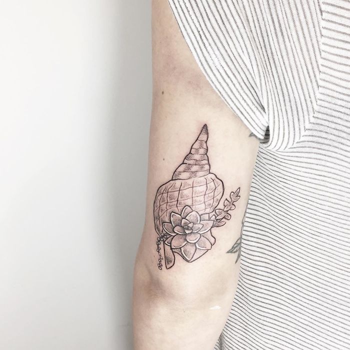 Arm tattoo of a succulent inside a shell, combining nature elements in a minimalist style.