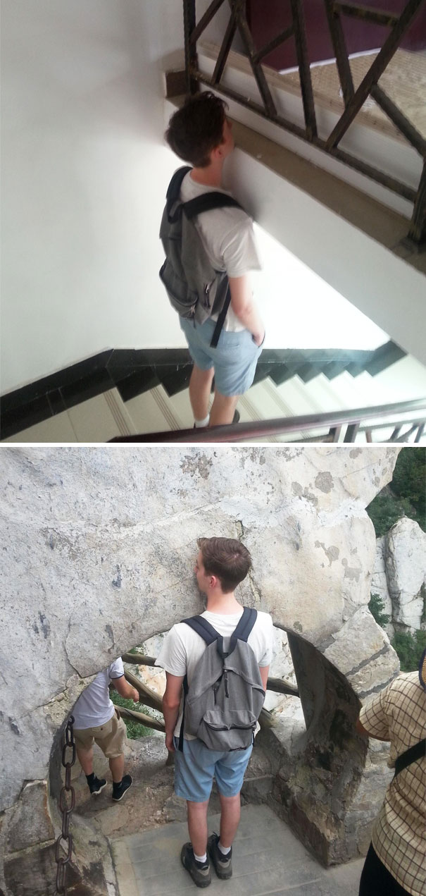 Tall person struggling with low stair ceilings indoors and a small stone arch outdoors while hiking.
