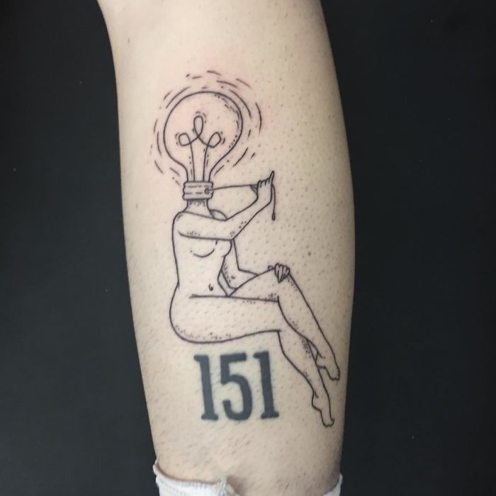Tattoo of a headless girl with a light bulb head by Molly Jean, featuring the number 151.