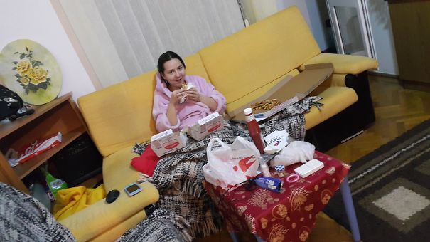 We Are Trying To Lose Weight. One Night She Was Hungry, Told Her To Order A Salad. I Walk In The Door And I See 1 Pizza, 1 Wings, 1 Wedges.