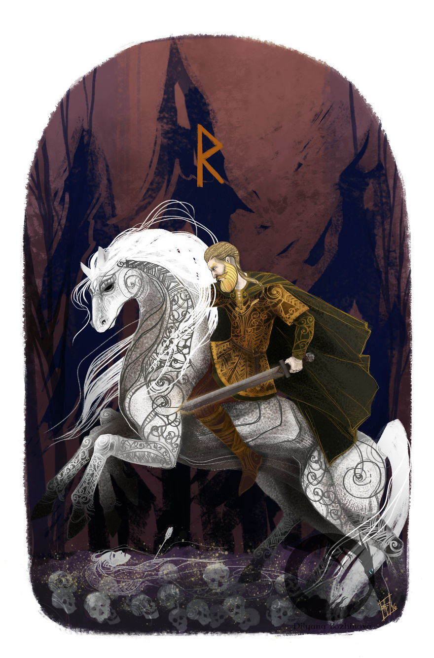 Raido-Traveling, Raiding. Riding Seems Easy To Every Warrior While He Is Indoors And Very Courageous To Him Who Traverses The High-Roads On The Back Of A Stout Horse