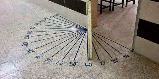 School genius idea: Door with angle markings on floor for measuring degrees easily.
