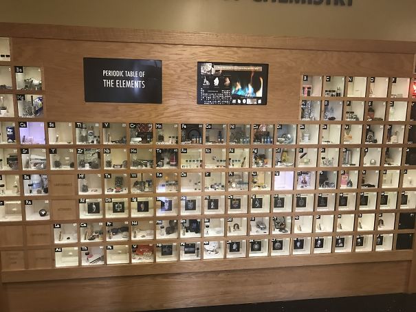 Interactive periodic table display showcasing elements in a school hallway.