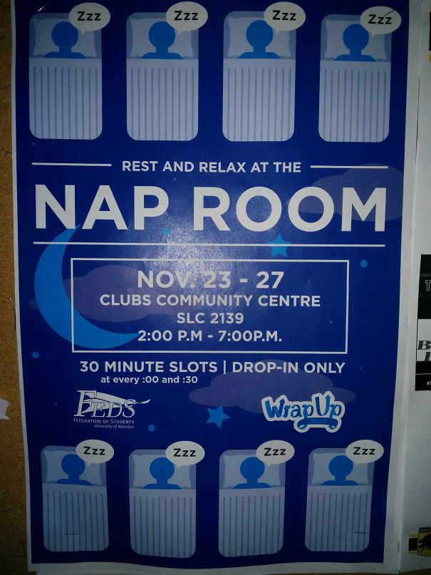 Nap room poster with sleep icon illustrations, offering 30-minute slots at the clubs community centre.