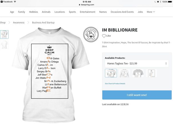 T-shirt with text design fail reading "Keep Calm I'm a Bibllionaire," showcasing misspelled billionaire names.