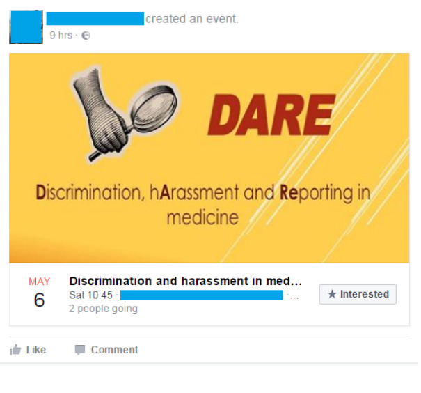 Facebook event image with the text "DARE: Discrimination, hArassment and Reporting in medicine" in red and yellow.