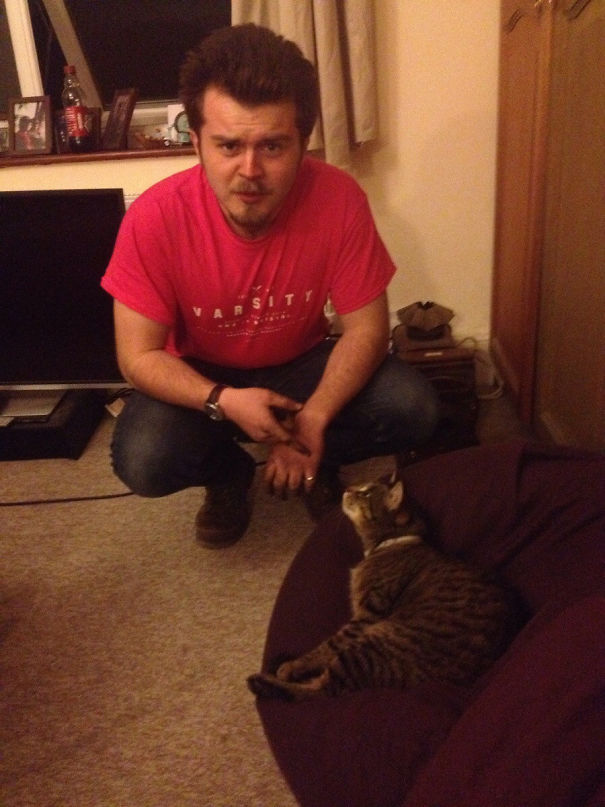 Boyfriend Was Working On His Scooter Outside With The Door Open All Day And Came In To Find This Fellow. We Don't Own A Cat